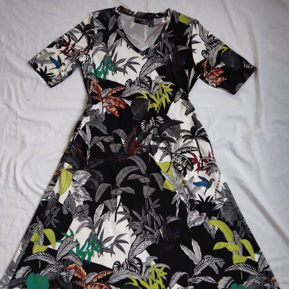 Attitudes by Renee Multicolor Rainforest Fit & Flare Dress Women's Medium Petite - Picture 2 of 14